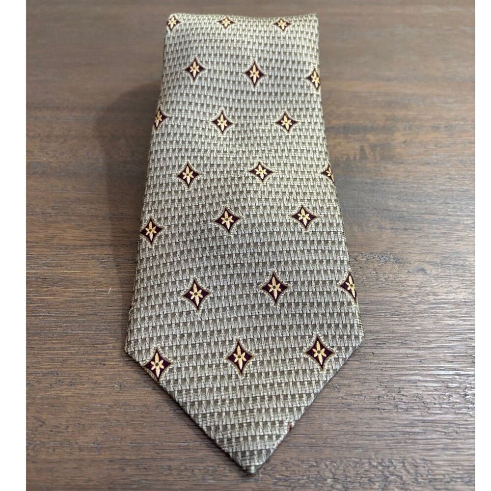 Bill Blass NWT Extra Long 64" Silk Tie Champagne Gold Burgundy Geometric 90s Y2K
